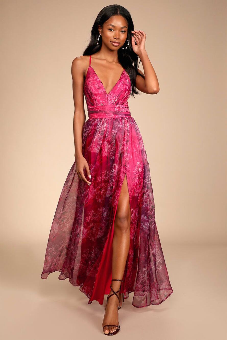 NWT Lulus Romance That Wows Magenta Floral Print Organza Maxi Dress Prom Sz S